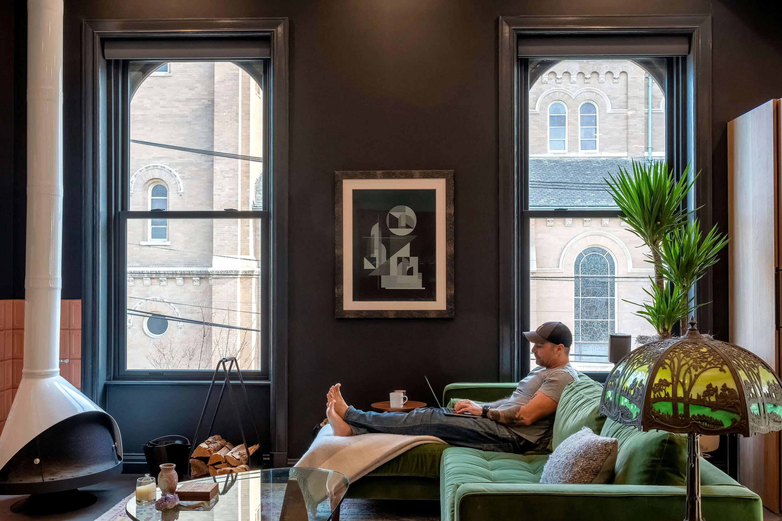 Historic Firehouse Renovation — living room and bar